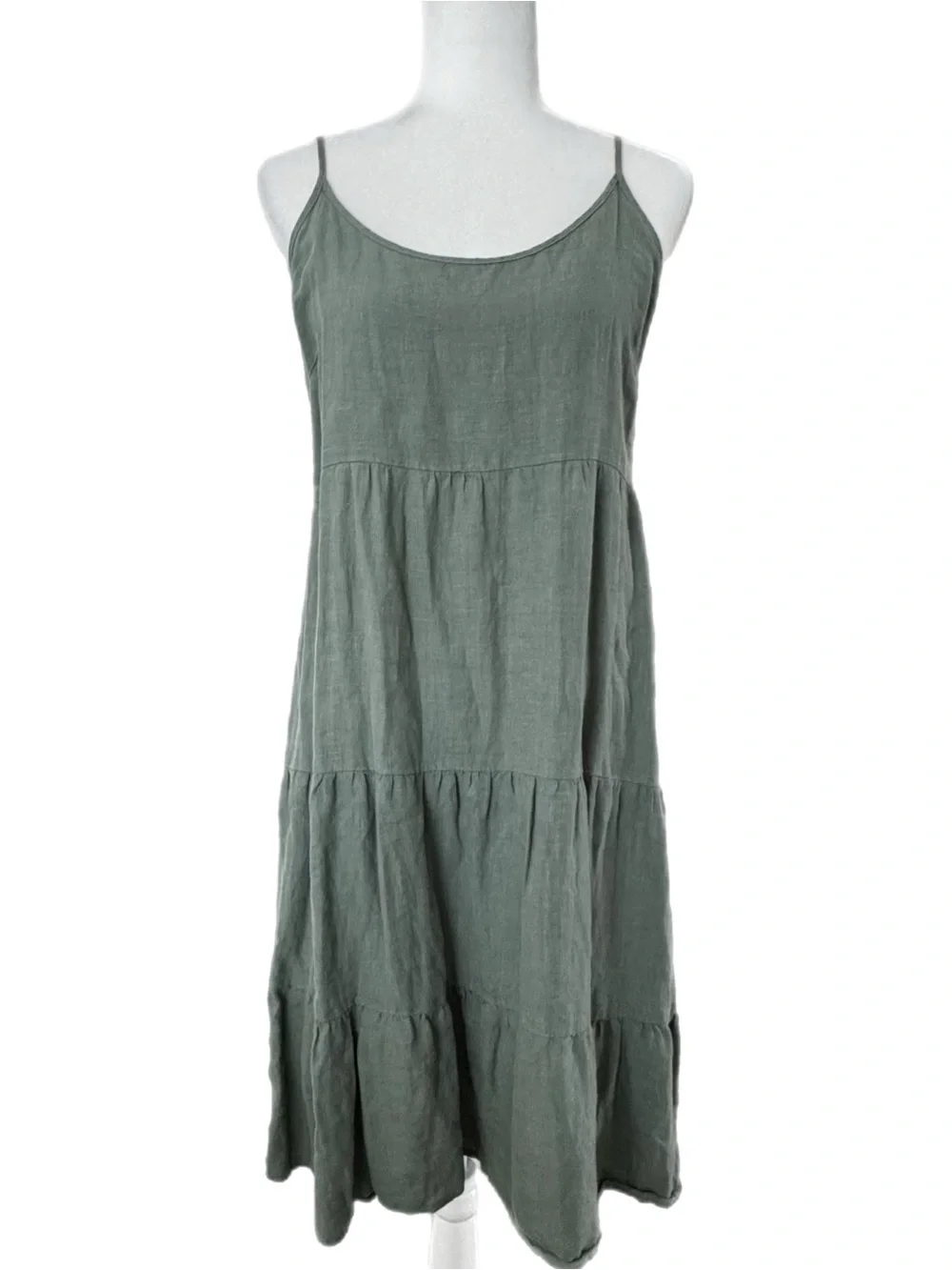 Glam Linen Sleeveless Tiered Midi Dress - Olive Green Sz L